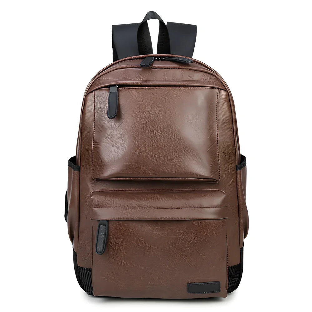 Black men's PU leather backpack with computer pocket and adjustable shoulder straps
