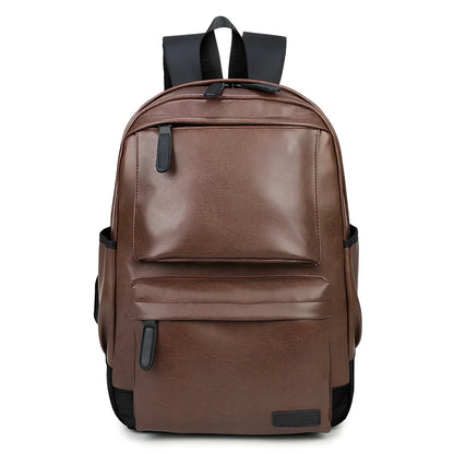 Black men's PU leather backpack with computer pocket and adjustable shoulder straps