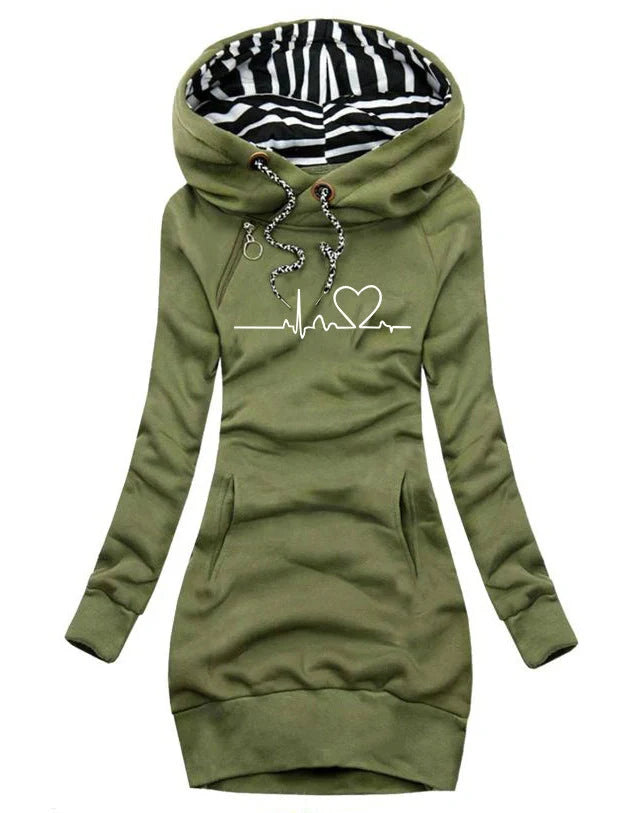 Women's heart print hoodie in black, yellow, army green, and navy blue with long sleeves and pockets