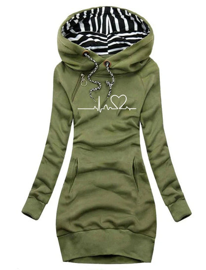 Women's heart print hoodie in black, yellow, army green, and navy blue with long sleeves and pockets