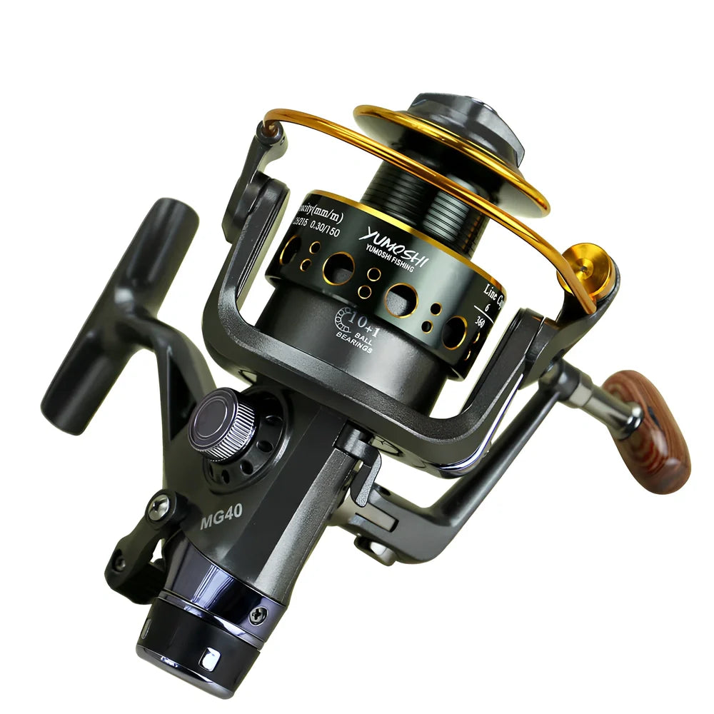 MG fishing reel with metal folding arm, wooden handle, and double brake system for saltwater fishing