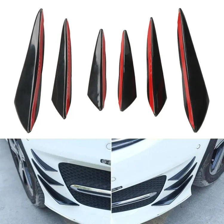 Six-piece carbon fibre front bumper spoiler air knife set in black, lengths 13.5cm, 16.5cm and 20.5cm