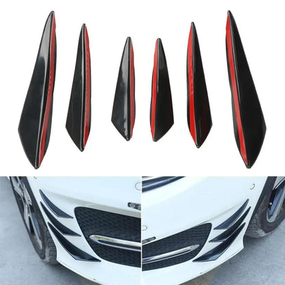 Six-piece carbon fibre front bumper spoiler air knife set in black, lengths 13.5cm, 16.5cm and 20.5cm