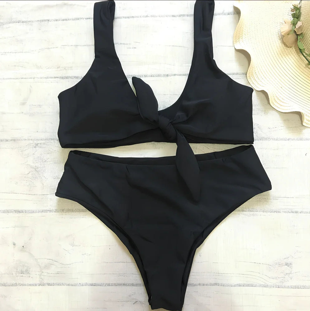 Women's solid colour polyester bikini set for swimming with European styling