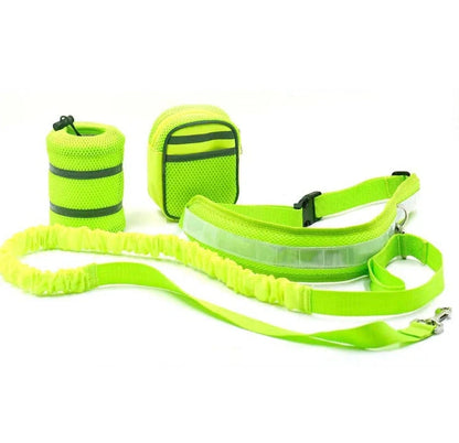 Adjustable hands-free dog leash set in gray, black, green, or red with waist and sundries bags