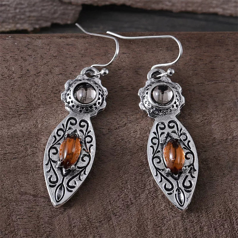 European and American retro pattern two-tone gemstone earrings in ancient silver