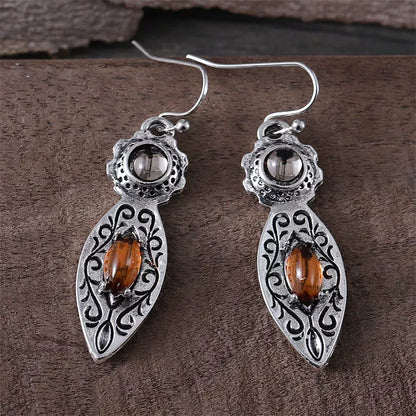 European and American retro pattern two-tone gemstone earrings in ancient silver