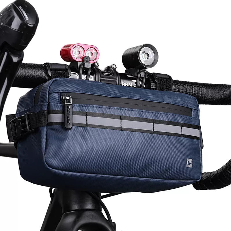 Rhino multifunctional bicycle front handle bag in black, grey, and blue