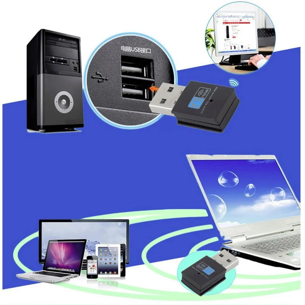 Mini USB WiFi receiver 300M network card with RTL8192EU chip, black plastic and metal, 3.3 x 1.5 x 0.7cm