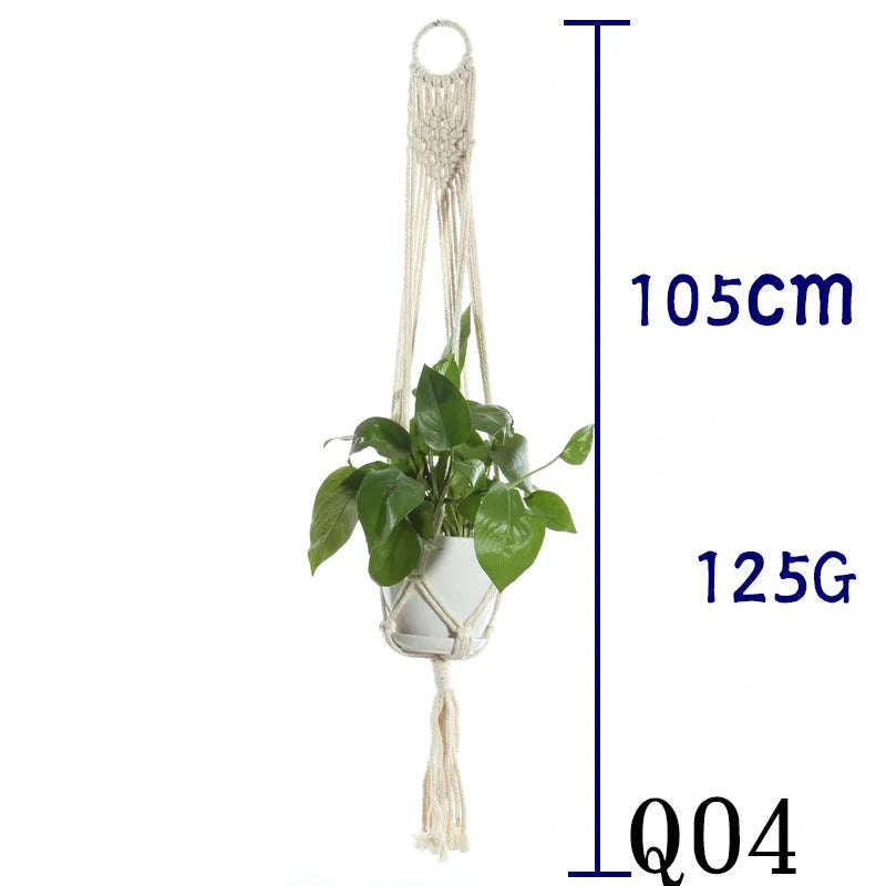 Beige cotton rope hanging basket with various styles for indoor plant display