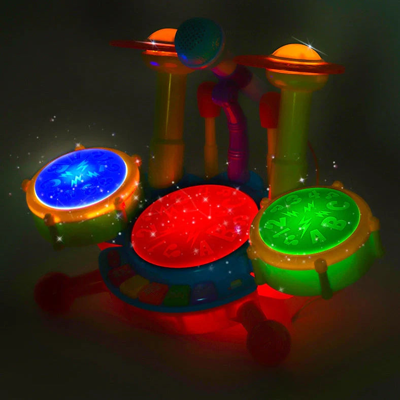 Yellow plastic children's hand-tapping drum toy with electronic sound activation