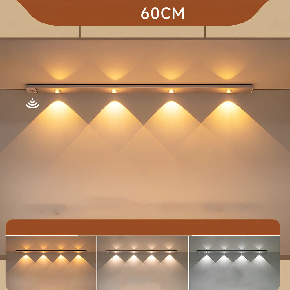Silver LED inductive light strip, 40cm length, attached to shoe cabinet shelf with 3M adhesive