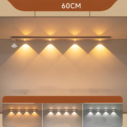 Silver LED inductive light strip, 40cm length, attached to shoe cabinet shelf with 3M adhesive