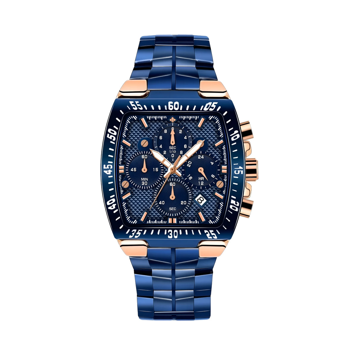 Men's seven needle steel belt quartz watch with pointer display, 30M waterproof, in black, blue, gold, or silver