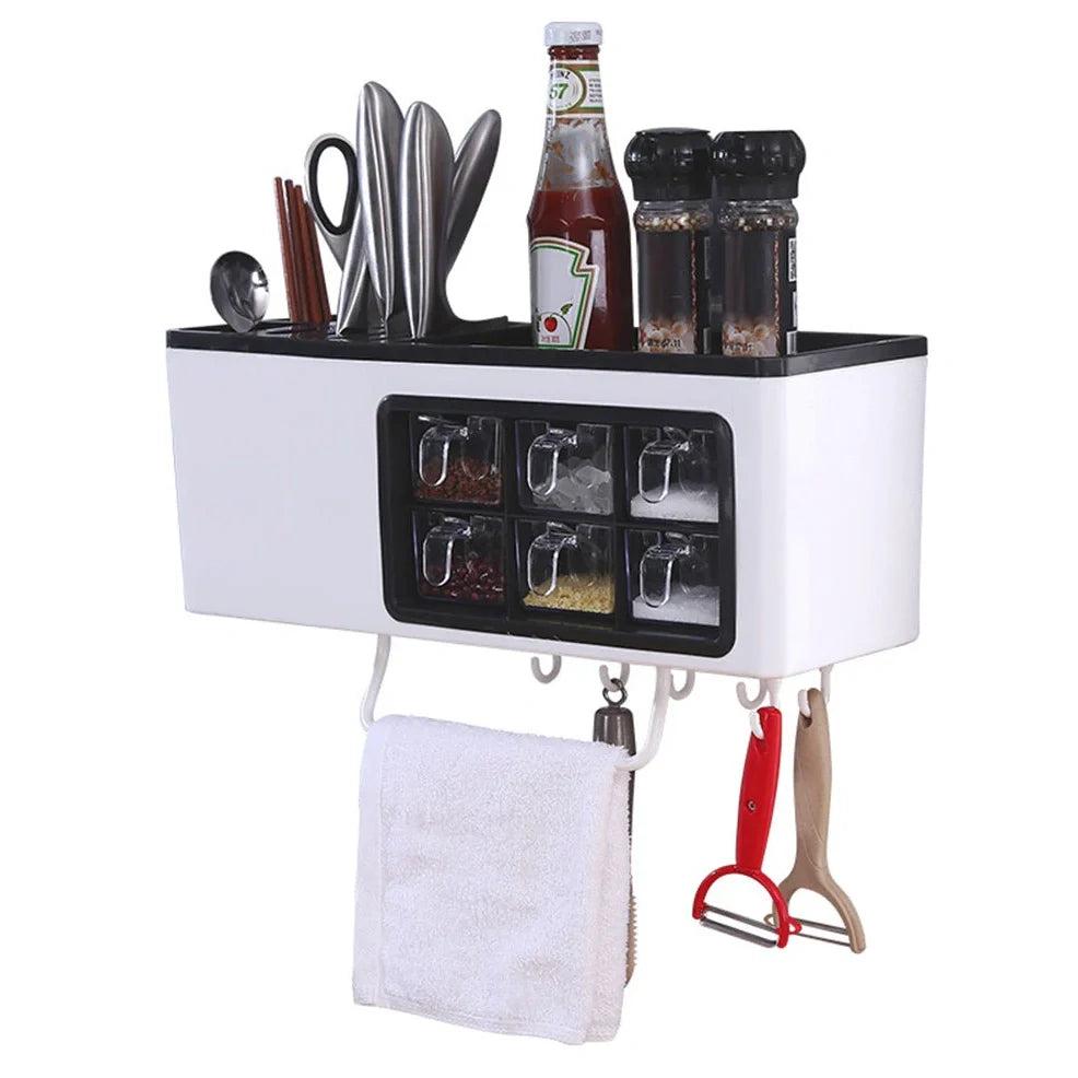 White wall-mounted plastic storage jar with pull-out transparent drawers for seasonings and kitchen utensils, dimensions 43.5cm x 16.7cm x 15.7cm