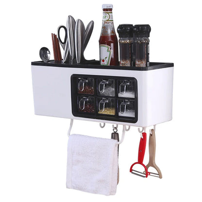 White wall-mounted plastic storage jar with pull-out transparent drawers for seasonings and kitchen utensils, dimensions 43.5cm x 16.7cm x 15.7cm