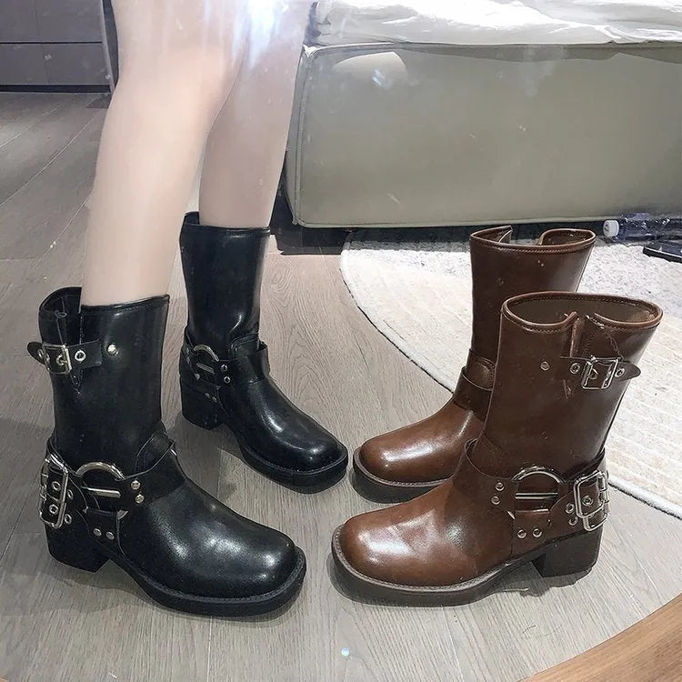 British platform women's boots with belt buckle in black or brown colours, middle calf length