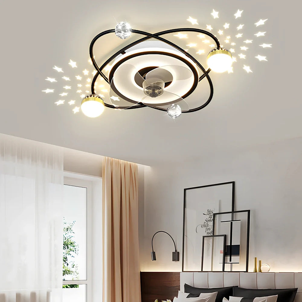 Nordic style 53cm ceiling fan lamp in black with acrylic shade, remote control, and PC blades for bedroom use