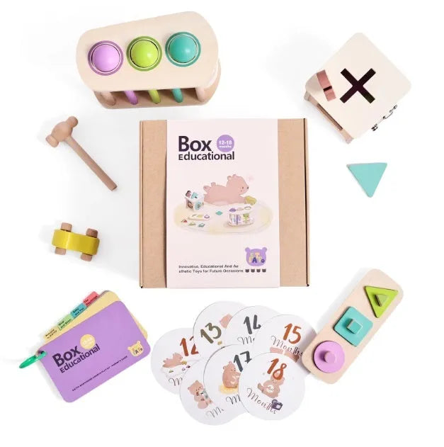 Montessori rattle toy set with black and white cards and ball chime in a colour box for babies 0-18 months
