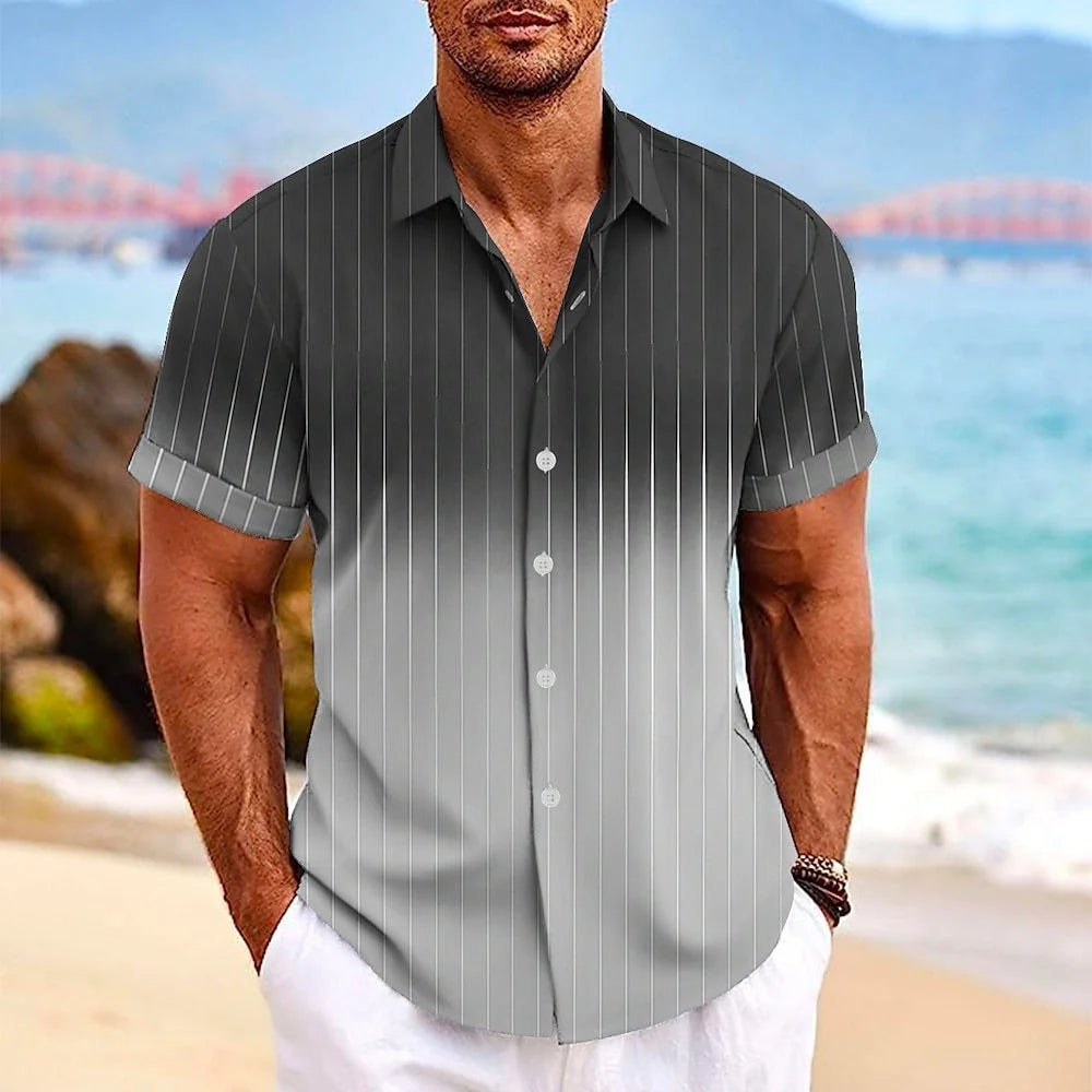 Men's gradient striped short-sleeved shirt with lapel button detail