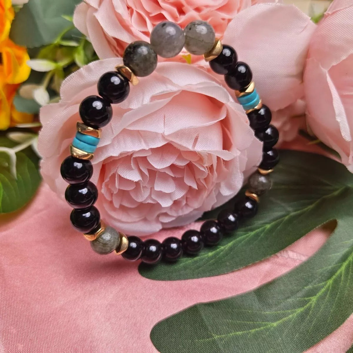 8mm gemstone beaded bracelet in green or purple, unisex design