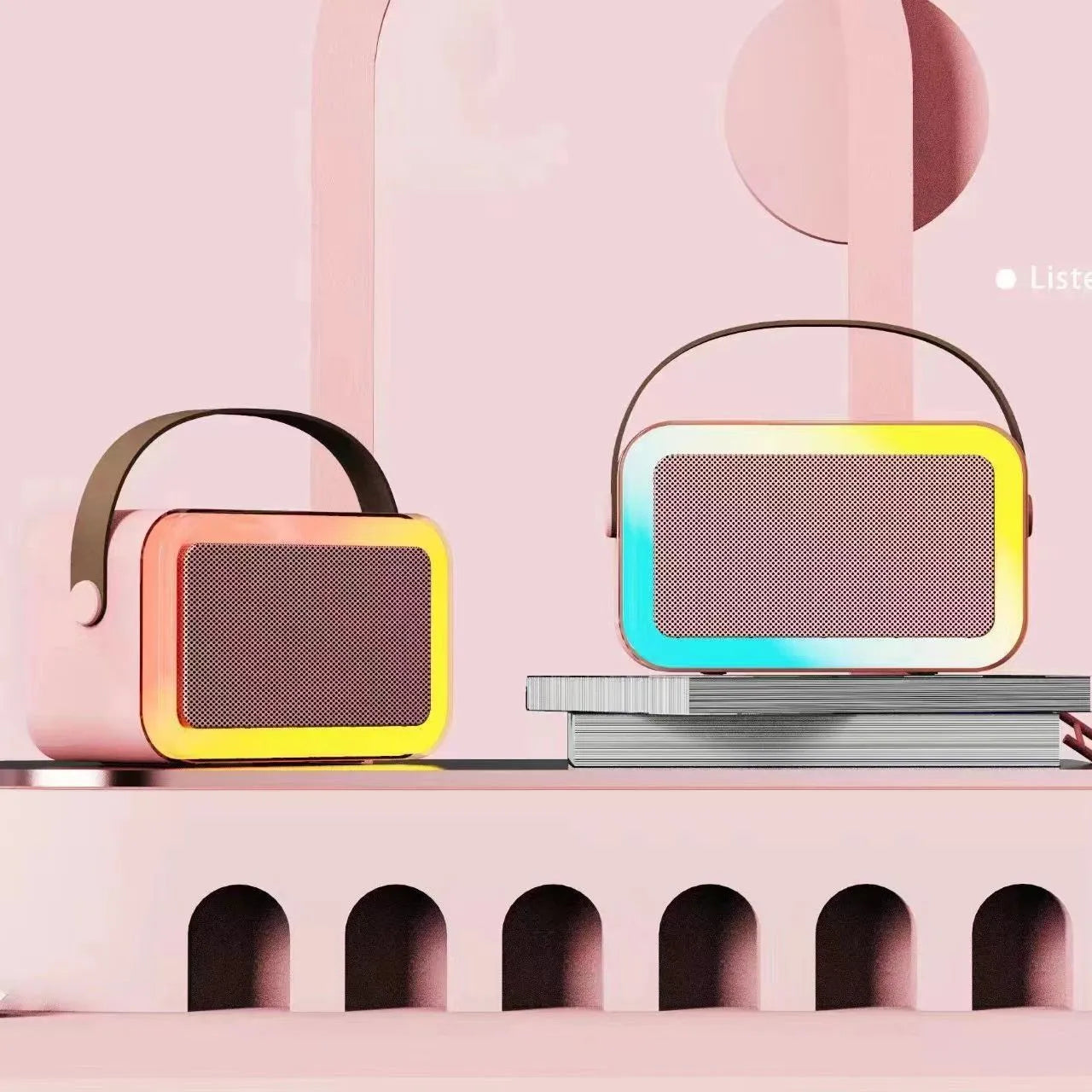 Portable Bluetooth karaoke microphone speaker with coloured LED lights in pink colour option showing microphone input and control buttons