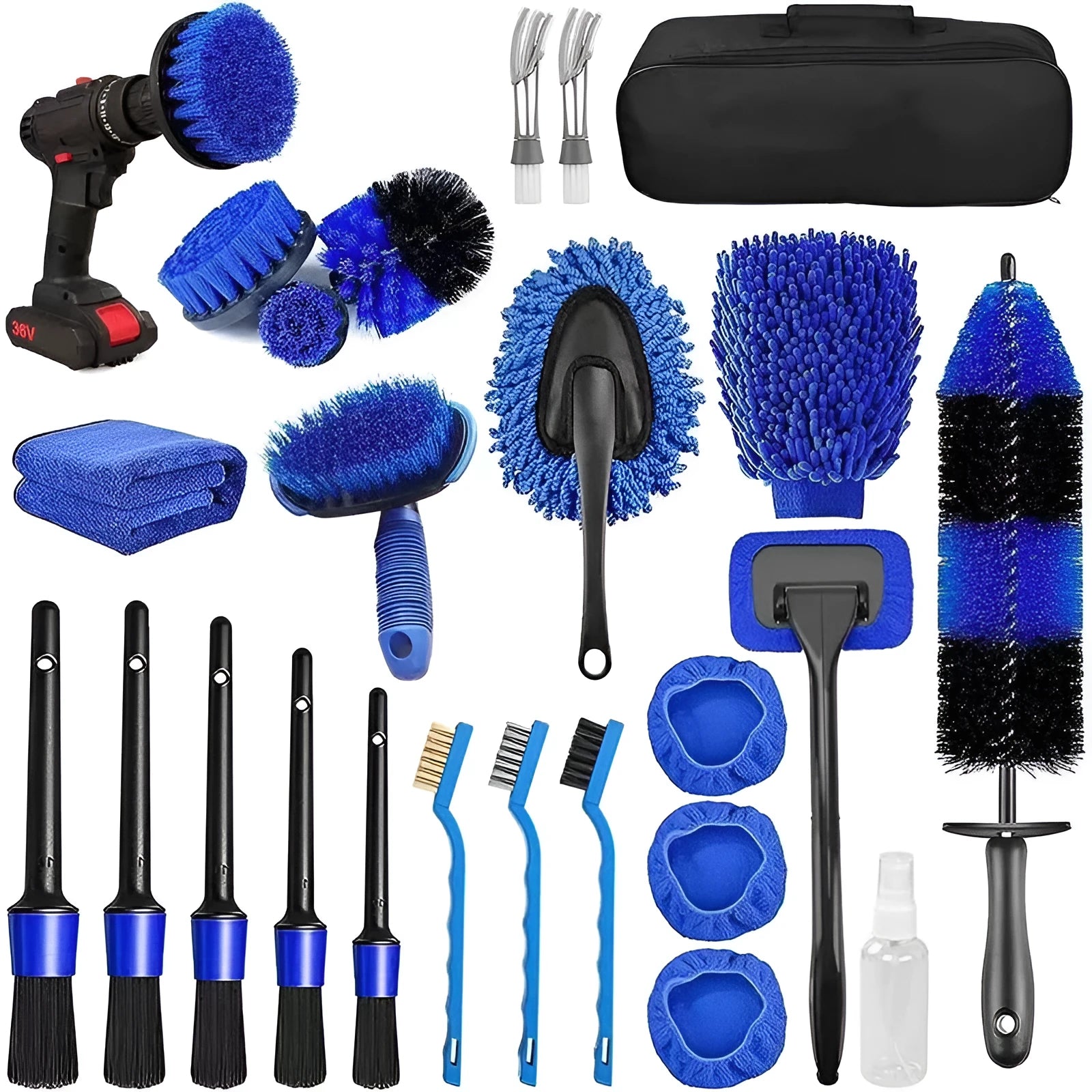 26-piece polypropylene car wash brush set with various brush heads and ergonomic handles for tyre and wheel cleaning.