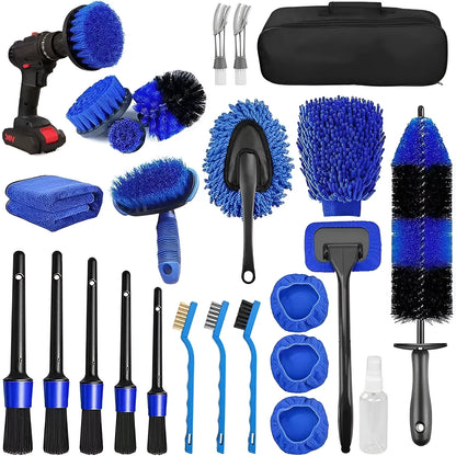 26-piece polypropylene car wash brush set with various brush heads and ergonomic handles for tyre and wheel cleaning.