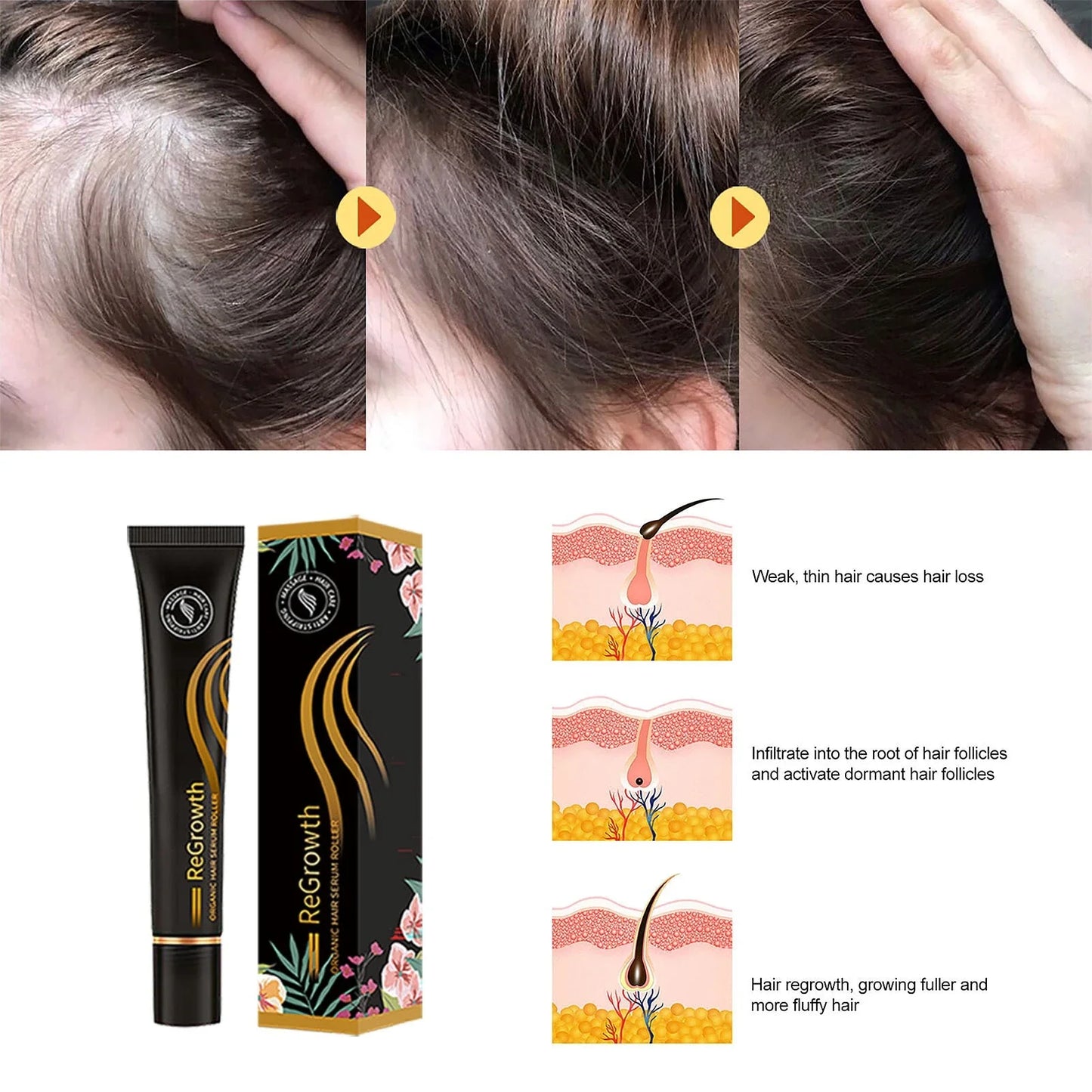 Rejuvenating Organic Hair Serum with roller applicator and natural ingredients for hair and scalp nourishment