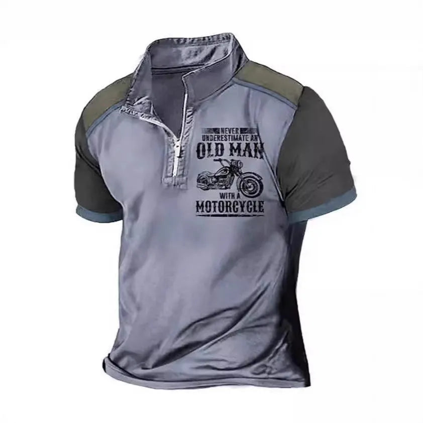 Men's casual polo shirt with digital letter printing and zipper decorations in polyester fibre