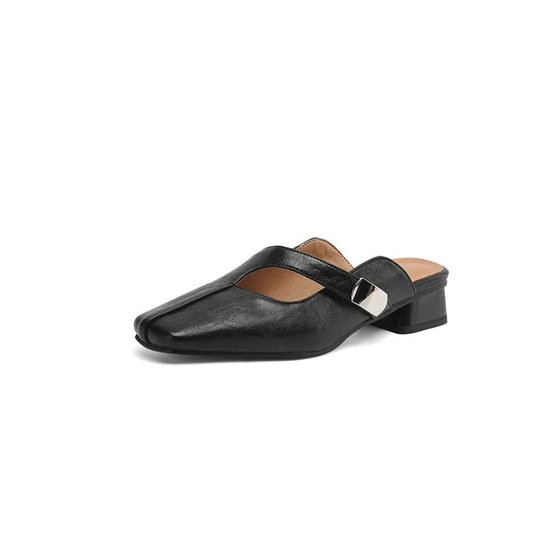 Low heel square toe outdoor slippers in artificial PU material with rubber sole