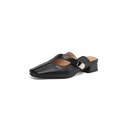 Low heel square toe outdoor slippers in artificial PU material with rubber sole