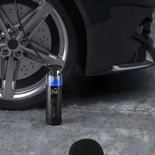 CS-V8 black digital electric tyre inflator with LED screen, connected to a car tyre valve.