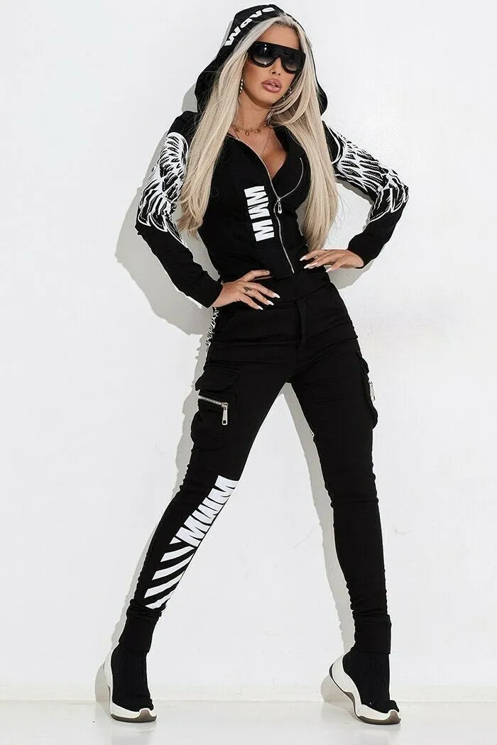 Women's black wings printing zipper hooded street suit with trousers, made from polyester fabric.
