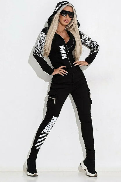 Women's black wings printing zipper hooded street suit with trousers, made from polyester fabric.