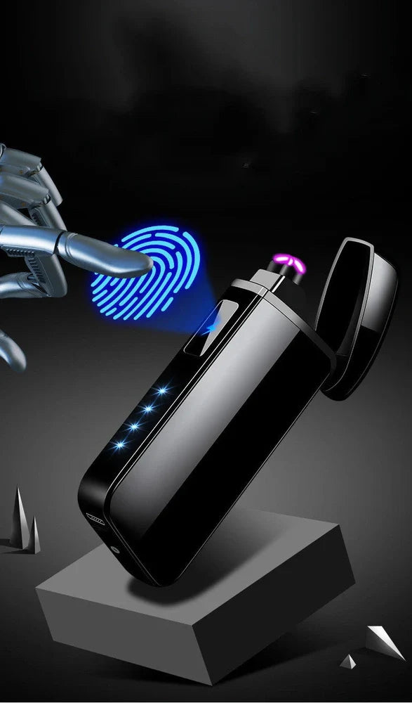 Zinc alloy charging lighter in black brushed finish, 80x35x13 mm with windproof arc and USB port