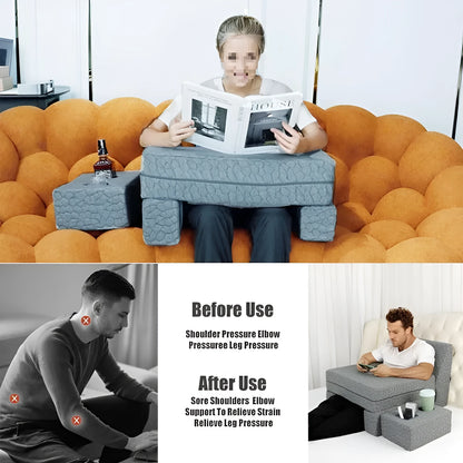 Reading pillow 62x55x30cm with memory foam filler, armrests, and cup holder in blue, grey, or navy blue