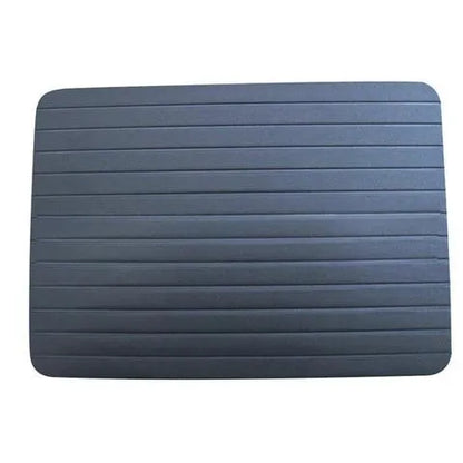 Black aluminium fast defrosting tray for kitchen use, shown thawing frozen meat.
