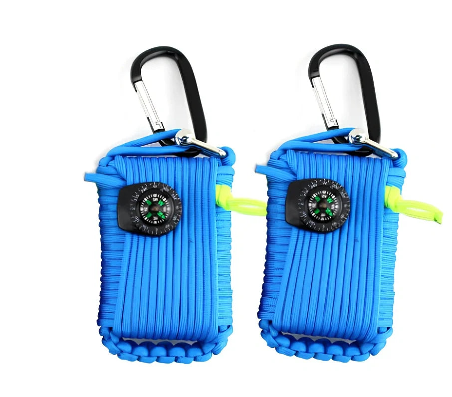 Hand-woven camping survival kit with 10.5m rope containing 25 tools including compass and medical supplies