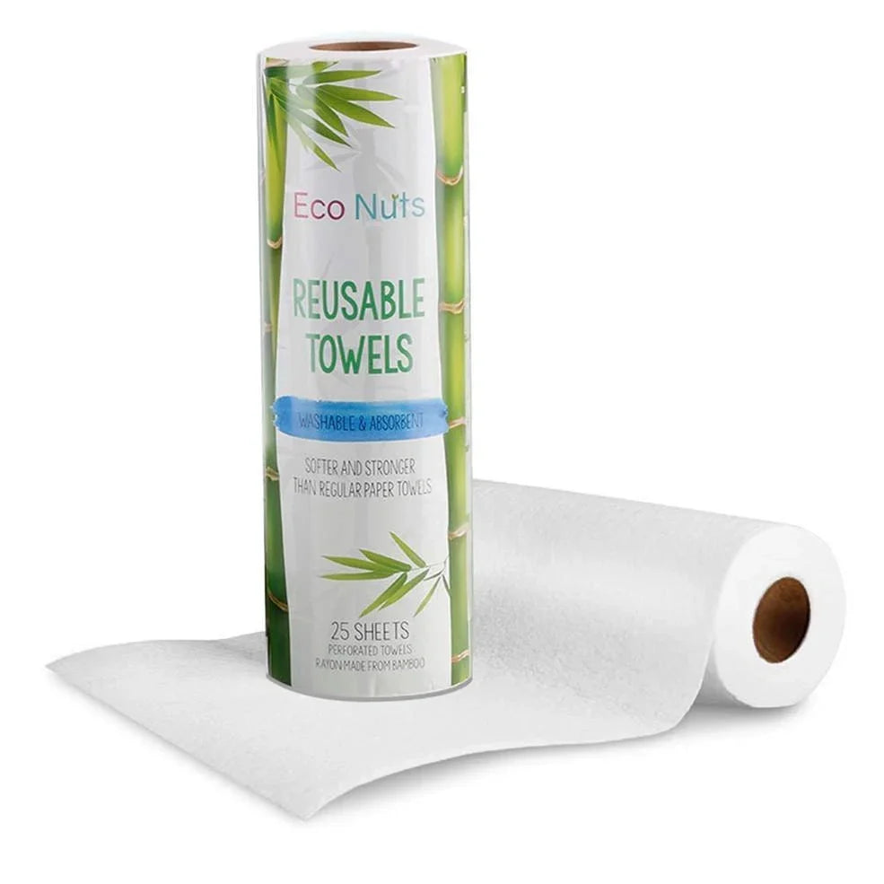 Roll of reusable bamboo paper towels showing thick fibre texture and sustainable packaging