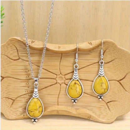 Retro Ethnic Style Alloy Earrings and Necklace Set with Elliptical Pendant