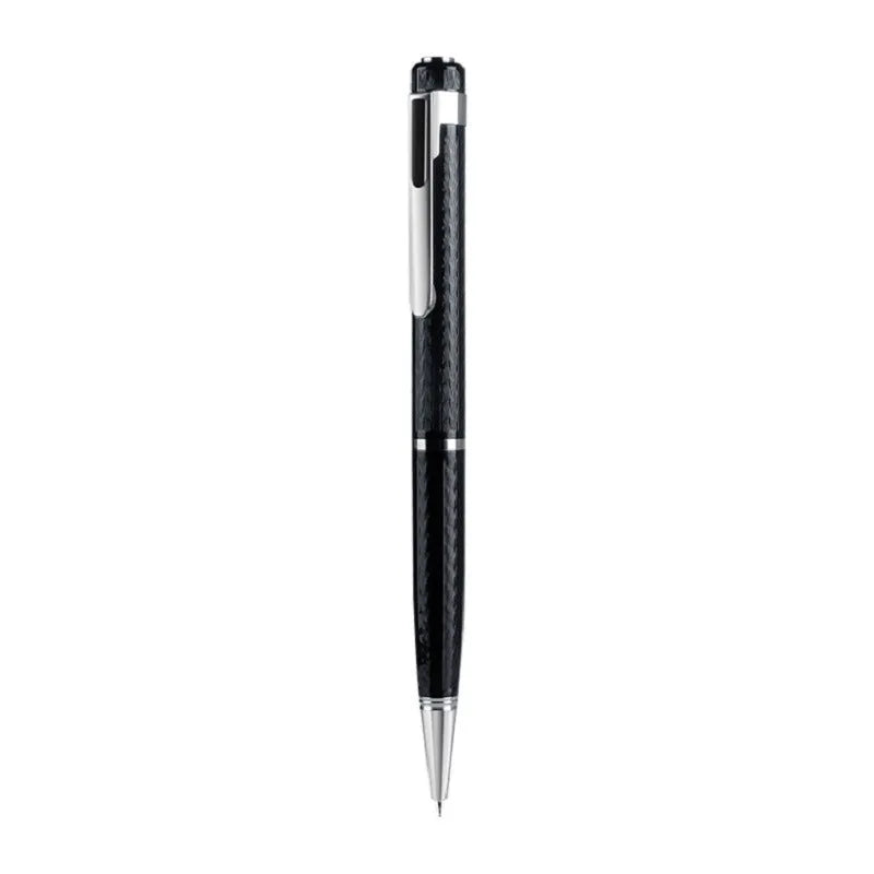 Black pen shaped digital voice recorder with zinc alloy body shown next to included USB cable.