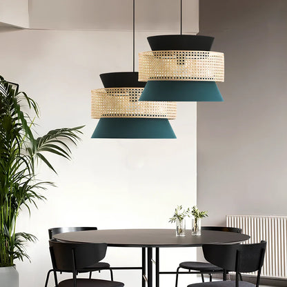 Japanese rattan chandelier with hand-woven grass shade and 3000K LED lighting in fish-shaped design