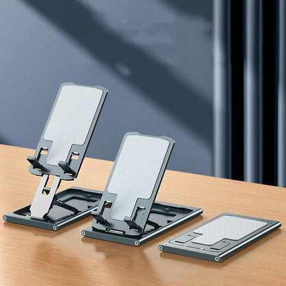 Aluminum alloy foldable mobile phone stand in grey, rose gold, silver, and blue