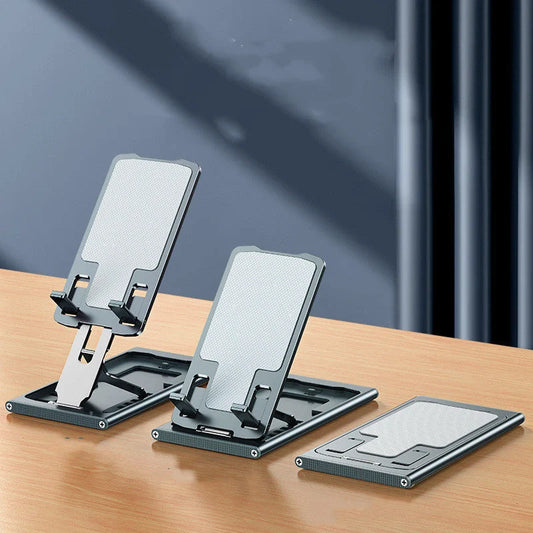 Aluminum alloy foldable mobile phone stand in grey, rose gold, silver, and blue