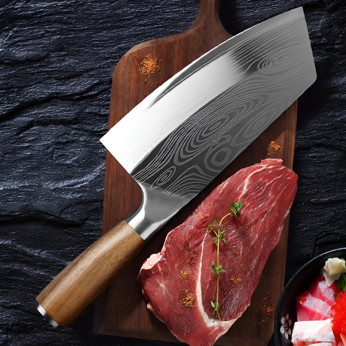 Stainless steel kitchen knife with a 320mm blade on a plain background.