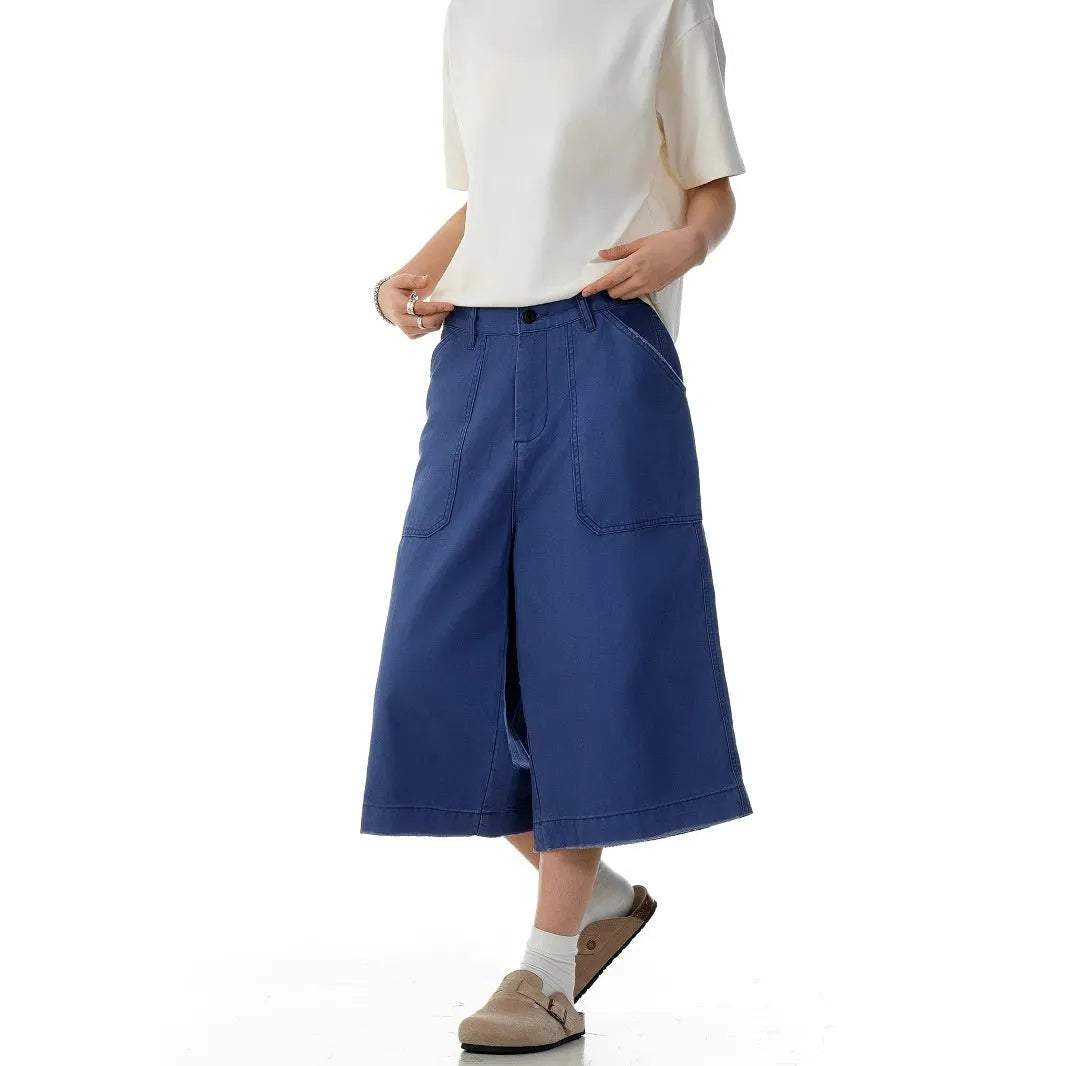 Men's French Blue cotton cropped shorts with straight-leg, loose fit, mid waist and zip fly, sizes S to XXL