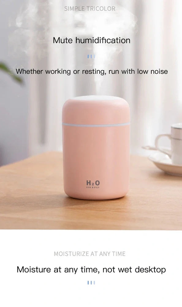 Compact USB car humidifier with colourful LED light and 300ml water tank for vehicle use