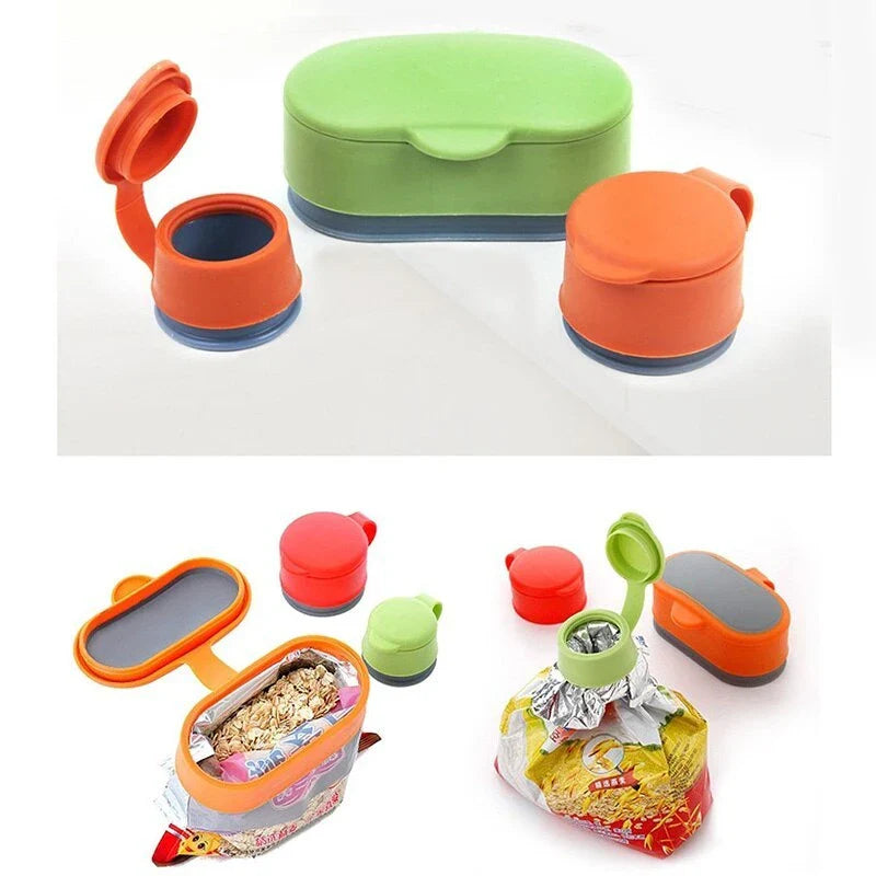 Set of versatile food sealing clips in green and orange colors, designed to keep snacks and breads fresh for months