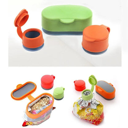 Set of versatile food sealing clips in green and orange colors, designed to keep snacks and breads fresh for months